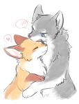 &lt;3 2022 ambiguous_gender blue_eyes blush blush_lines brown_body brown_fur canid canine canis countershading digital_media_(artwork) dipstick_ears duo embrace eyes_closed feral fluffy fox fur gloves_(marking) grey_body grey_fur hi_res hug leg_markings lis_(tsukune_minaga) looking_at_another mammal markings mouth_closed multicolored_ears open_mouth orange_body orange_fur rufu_(tsukune_minaga) speech_bubble tsukune_minaga white_body white_fur wolf