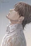  1boy adam&#039;s_apple brown_eyes brown_hair commentary_request expressionless facial_hair from_side goatee highres jean_kirchstein looking_up male_focus profile rain shingeki_no_kyojin shirt solo twitter_username undercut wet wet_clothes wet_shirt yanase_814 
