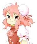  1girl bun_cover closed_mouth double_bun flat_chest flower hair_between_eyes hair_bun ibaraki_kasen medium_hair nonamejd official_style pink_eyes pink_flower pink_hair pink_rose puffy_short_sleeves puffy_sleeves red_tabard rose short_sleeves simple_background smile solo tabard touhou white_background zun_(style) 