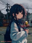  1girl backpack bag black_bag black_hair black_hairband brown_eyes building bush can closed_mouth dated dithering dot_nose hairband holding holding_can lamppost long_hair low_twintails nanami_yuki_(yuki77mi) neckerchief original outdoors pixel_art plant red_neckerchief sailor_collar shirt standing traffic_barrier twintails upper_body white_shirt 