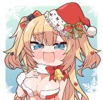  1girl akai_haato bell blonde_hair blue_eyes bow breasts clothing_request fur-trimmed_headwear fur_trim hair_bow hair_ornament hand_on_own_chest hat heart heart_hair_ornament highres hololive jingle_bell kukie-nyan large_breasts long_hair looking_at_viewer open_mouth red_bow santa_hat smile solo two_side_up virtual_youtuber 