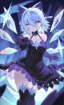  1girl alternate_costume black_dress black_gloves black_thighhighs blue_bow blue_eyes blue_hair bow breasts cirno collarbone detached_wings dress elbow_gloves fairy falken_(yutozin) feet_out_of_frame gloves hair_between_eyes hair_bow highres ice ice_wings looking_at_viewer open_mouth short_hair small_breasts solo thighhighs touhou wings 
