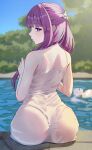  2girls absurdres ass ass_focus back back_focus bare_shoulders blunt_bangs blush dress elf expressionless fern_(sousou_no_frieren) frieren from_behind highres huge_ass long_hair looking_at_viewer looking_back multiple_girls pointy_ears purple_eyes purple_hair purple_pupils see-through sidelocks sleeveless sleeveless_dress sousou_no_frieren straight_hair twintails water wet wet_clothes wet_dress wet_hair white_dress yami_anko 