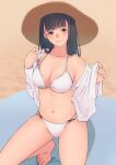  1girl amagami ayatsuji_tsukasa barefoot beach bikini black_eyes black_hair breasts cleavage closed_mouth collarbone collared_shirt hat highres long_hair looking_at_viewer medium_breasts navel o-ring o-ring_bikini on_one_knee open_clothes open_shirt ryo_taton sand shirt solo straight_hair sun_hat swimsuit thighs white_bikini white_shirt yellow_headwear 