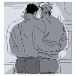  2boys aikawa_(dorohedoro) ass bara boxer_briefs colored_tips couple dorohedoro facial_mark facing_away from_behind greyscale male_focus male_underwear medium_sideburns monochrome multicolored_hair multiple_boys muscular muscular_male playing_with_another&#039;s_hair risu_(dorohedoro) sasaki_(ssk_p3) side-by-side standing topless_male underwear yaoi 