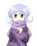  1girl :o animal_ears blue_hair buttons floppy_ears hair_between_eyes hand_up jacket light_blue_hair long_sleeves looking_at_viewer necktie nonamejd official_style purple_jacket purple_scarf rabbit_ears rabbit_girl red_eyes red_necktie reisen_(touhou_bougetsushou) scarf short_hair simple_background solo touhou white_background zun_(style) 