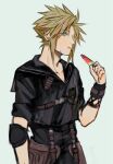  1boy absurdres adam&#039;s_apple badge black_sailor_collar blonde_hair blue_eyes cloud_strife cloud_strife_(maritime_sailor) commentary_request eating elbow_pads expressionless facing_to_the_side final_fantasy_vii_ever_crisis fishnet_armwear food green_background hand_up highres holding holding_food holding_popsicle leather_wrist_straps looking_at_viewer male_focus popsicle sailor sailor_collar sekiyu_0h short_hair shoulder_strap sidelocks simple_background single_elbow_pad sleeves_rolled_up solo suspenders sweatdrop upper_body watermelon_bar wet_face wrist_straps 