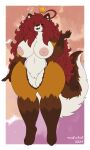 2024 ahoge anthro big_breasts biped blush breasts brown_body brown_fur canid canine claws crown curvy_figure digital_drawing_(artwork) digital_media_(artwork) fangs female fox fur genitals hair headgear hi_res huge_breasts lesbian_pride_colors lgbt_pride long_hair mammal maple_(mexifurfoof) messy_hair mexifurfoof navel nipples nude orange_body orange_fur pride_colors pussy red_eyes red_hair simple_background smile solo tail teeth thick_thighs voluptuous white_body white_fur wide_hips