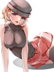  1girl black_headwear blonde_hair blue_eyes breasts earrings highres jewelry large_breasts looking_at_viewer momdy_(talesshinja) open_mouth pokemon pokemon_(anime) pokemon_journeys pokemon_xy_(anime) red_shirt red_skirt serena_(pokemon) shirt short_hair simple_background skirt sleeveless solo 