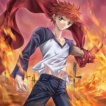  brown_eyes emiya_shirou fate/stay_night fate_(series) fire klenow male_focus navel raglan_sleeves red_hair short_hair sword type-moon unlimited_blade_works weapon 