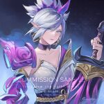 1girl absurdres breasts collarbone colored_skin commission detached_sleeves earrings grey_hair hand_up highres holding holding_sword holding_weapon jewelry large_breasts league_of_legends multicolored_background pink_skin pointy_ears ring riven_(league_of_legends) sample_watermark shiro-hane short_hair shoulder_plates single_shoulder_pad solo spirit_blossom_riven sword watermark weapon web_address 