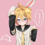  ! !! 1boy animal_ears bishounen black_sailor_collar black_sleeves blonde_hair blue_eyes blush detached_sleeves fake_animal_ears hair_between_eyes hand_in_own_hair hand_on_own_shoulder headphones highres kagamine_len looking_at_viewer messy_hair necktie pink_background rabbit rabbit_ears sailor_collar shirt short_hair simple_background solo speech_bubble urin_(coconuts3252) vocaloid wavy_hair white_shirt yellow_necktie 