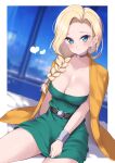  1girl belt bianca_(dq5) blonde_hair blue_eyes blush bracelet braid breasts cape choker cleavage dragon_quest dragon_quest_v dress earrings green_eyes hair_over_shoulder highres jewelry jiino large_breasts long_hair single_braid smile solo 