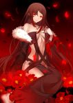  1girl absurdres black_dress breasts brown_hair center_opening choker consort_yu_(fate) dress ear_piercing fate/grand_order fate_(series) flower fur_collar hair_between_eyes highres large_breasts light_smile long_hair looking_at_viewer navel off_shoulder paperfinger petals piercing red_background red_eyes sidelocks sitting 