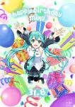  1girl absurdres aqua_eyes aqua_hair aqua_necktie arms_up balloon black_footwear black_skirt black_sleeves blush boots box character_name commentary confetti dated detached_sleeves english_text full_body gift gift_box happy_birthday hatsune_miku hatsune_miku_(vocaloid3) highres long_hair long_sleeves looking_at_viewer midair miniskirt necktie open_mouth outstretched_arms pleated_skirt shirt skirt sleeveless sleeveless_shirt smile solo thigh_boots tsukino_(nakajimaseiki) twintails very_long_hair vocaloid white_shirt 