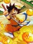  1boy absurdres black_eyes black_hair blue_footwear blue_sash blue_wristband boots child clenched_hand cloud dougi dragon_ball dragon_ball_(classic) dragon_ball_(object) floating_clothes flying flying_nimbus full_body highres holding holding_dragon_ball isaacchief300 looking_at_viewer monkey_boy open_mouth outdoors outstretched_arm riding ruyi_jingu_bang sash shenron_(dragon_ball) shoe_soles sky smile solo son_goku speed_lines spiked_hair spread_legs strap teeth tongue two-tone_eyes wristband yellow_sky 