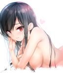  1girl black_hair breasts emily_(pure_dream) eyebrows_hidden_by_hair heart large_breasts long_hair looking_at_viewer lying nude omaezaki_yuu on_stomach red_eyes simple_background smile solo study_steady upper_body white_background 