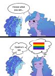 absurd_res aztrial blue_body blue_fur blue_hair comic dialogue duo english_text equid equine female fur gradient_hair green_eyes hair hasbro hi_res horn izzy_moonbow_(mlp) lgbt_pride mammal misty_(g5) misty_brightdawn_(mlp) mlp_g5 my_little_pony pride_colors purple_body purple_eyes purple_fur rainbow_flag rainbow_pride_flag rainbow_symbol text though thought_bubble unicorn