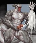 abs amon-sydonai anthro balls biceps bodily_fluids cum ejaculation fish genital_fluids genitals hi_res kuyo_(arcadegig) male marine masturbation muscular muscular_anthro muscular_male nipples pecs penis scar shark sharp_teeth solo tail teeth tongue tongue_out vein veiny_penis