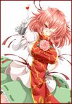  archienemy bandages blush border bun_cover chinese_clothes cuffs double_bun dress flower hand_on_hip heart ibaraki_kasen one_eye_closed pink_eyes pink_hair red_border rose shackles short_hair solo tabard touhou 