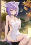  1girl absurdres ahoge animal_ear_fluff animal_ears blush breasts cat_ears cat_girl cat_tail closed_mouth collarbone hair_between_eyes highres hololive large_breasts looking_at_viewer naked_towel nekomata_okayu onsen purple_eyes purple_hair revision short_hair smile solo tail thighs torakichi_888 towel virtual_youtuber 