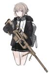  1girl backpack bag bipod black_gloves black_jacket black_necktie black_skirt bolt_action cheytac_m200 closed_mouth collared_shirt commentary girls&#039;_frontline gloves grey_hair gun headset highres holding holding_gun holding_weapon hood hooded_jacket jacket knee_up long_hair long_sleeves low_ponytail m200_(girls&#039;_frontline) n.e. necktie purple_eyes rifle shirt skirt sniper_rifle solo weapon white_shirt 