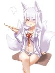  1girl animal_ear_fluff animal_ears breasts closed_mouth collarbone commentary_request crossed_legs diagonal_bangs feet_out_of_frame fox_ears fox_girl fox_tail hair_over_one_eye highres holding holding_smoking_pipe kiseru kitsune kuro_kosyou looking_at_viewer navel open_clothes original purple_eyes shikigami short_eyebrows short_shorts shorts simple_background small_breasts smile smoking_pipe solo tail thick_eyebrows white_background white_shorts 