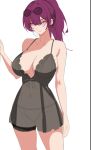  1girl bare_arms bare_shoulders black_dress commentary cowboy_shot dress eyewear_on_head honkai:_star_rail honkai_(series) kafka_(honkai:_star_rail) kili_kilio long_hair ponytail purple_eyes purple_hair see-through simple_background solo spaghetti_strap standing sunglasses thighs unfinished white_background 