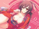  areolae black_panties blush bow breasts breasts_outside brown_eyes brown_hair cleavage copyright_request hair_ribbon japanese_clothes kimono large_breasts long_hair nipples open_clothes open_kimono panties ponytail red red_background ribbon smile solo tabi tomose_shunsaku underwear wallpaper 