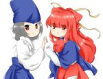  1boy 1girl blue_cape blue_headwear bow bowtie brown_horns cape eyes_visible_through_hair grey_hair hair_bow hat horns long_hair long_sleeves multiple_horns nonamejd official_style red_bow red_bowtie red_eyes red_hair shingyoku_(female) shingyoku_(male) shingyoku_(touhou) short_hair simple_background tate_eboshi touhou touhou_(pc-98) white_background zun_(style) 