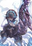  alice_(sinoalice) blue_hair breasts collarbone dark_blue_hair dark_persona dress frilled_dress frills gauntlets half-nightmare highres holding holding_polearm holding_weapon kidy_(kidy_siow) looking_at_viewer medium_breasts polearm red_eyes short_hair sinoalice weapon 