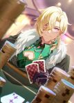  1boy aventurine_(honkai:_star_rail) black_gloves blonde_hair card closed_mouth coin dihk_asagi earrings fur_trim glasses gloves green_shirt hair_between_eyes highres holding holding_card honkai:_star_rail honkai_(series) jewelry male_focus pectoral_cleavage pectorals poker shirt sitting solo upper_body 