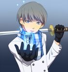  alternate_costume card gloves grey_eyes grey_hair male_focus narukami_yuu persona persona_4 rishiya scarf solo sword weapon 