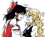  2girls black_eyes black_hair black_vest blonde_hair bow braid detached_sleeves eye_contact frilled_bow frilled_hair_tubes frills hair_bow hair_tubes hakurei_reimu heart kirisame_marisa light_blush long_hair looking_at_another multiple_girls no_headwear open_mouth re_ghotion red_bow side_braid single_braid speech_bubble spoken_heart touhou vest white_background 