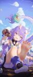  1girl bailu_(honkai:_star_rail) barefoot blue_eyes dragon_girl dragon_horns dragon_tail feet foot_focus highres holding_gourd honkai:_star_rail honkai_(series) horns icecake long_hair looking_at_viewer open_mouth pouring pouring_onto_self sky soles solo tail teeth toes upper_teeth_only 