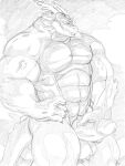abs anthro balls biceps big_muscles claws dragon eastern_dragon erection genitals hi_res horn humanoid_genitalia humanoid_penis male markwulfgar monochrome muscular pecs penis scalie solo