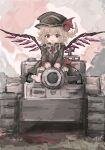  1girl absurdres blonde_hair crystal flandre_scarlet full_body hat hat_ribbon hatut highres military_uniform military_vehicle motor_vehicle open_mouth red_eyes ribbon tank tiger_i touhou uniform weapon_request 