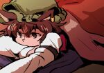  1girl brown_eyes brown_hair chen commentary_request covered_mouth earclip futon gagamatsu green_headwear hair_between_eyes hat long_sleeves looking_ahead lying mob_cap on_bed on_stomach one-hour_drawing_challenge short_hair solo touhou under_covers 
