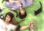  animalization axis_powers_hetalia brown_hair cat grass greece_(hetalia) japan_(hetalia) lotus_(elico) lying multiple_boys short_hair sleeping too_many too_many_cats turkey_(hetalia) 