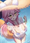  1girl animal_ear_fluff animal_ears bikini bikini_under_clothes blue_bikini blush breasts cleavage collarbone day ears_through_headwear fate/grand_order fate_(series) fox_ears fox_girl fox_print fox_tail hat highres kaku-c_aji large_breasts long_hair looking_at_viewer outdoors pink_hair see-through see-through_shirt shirt side-tie_bikini_bottom smile solo straw_hat swim_ring swimsuit t-shirt tail tamamo_(fate) tamamo_no_mae_(swimsuit_lancer)_(fate) tamamo_no_mae_(swimsuit_lancer)_(second_ascension)_(fate) tongue wet wet_clothes wet_shirt yellow_eyes 