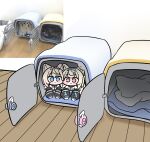  2girls :3 animal_ears black_jacket blanket blonde_hair blue_eyes blue_hair blue_hairband blush_stickers cage cheek-to-cheek chibi closed_mouth commentary dog dog_ears dog_girl double-parted_bangs english_commentary fake_horns fuwawa_abyssgard fuwawa_abyssgard_(1st_costume) hairband heads_together highres hololive hololive_english horns jacket lying mococo_abyssgard mococo_abyssgard_(1st_costume) multicolored_hair multiple_girls on_stomach parody photo_inset pillow pink_eyes pink_hair pink_hairband puffy_cheeks shirt short_hair side-by-side streaked_hair tensutensu two-tone_hair virtual_youtuber white_background white_shirt wooden_floor 