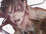  1boy blood blood_on_face blue_eyes brown_hair brown_jacket bruise bruise_on_face commentary_request eren_yeager injury jacket male_focus open_mouth serious shingeki_no_kyojin solo sword twitter_username weapon yanase_814 