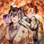  2boys absurdres animal_ears autumn autumn_leaves black_hair blush coffee_cup cup disposable_cup earrings glasses grey_shirt hair_between_eyes heterochromia highres holding holding_phone holostars jackal_boy jackal_ears jewelry kageyama_shien kunn03 leaf male_focus multicolored_hair multiple_boys open_mouth orange_hair outdoors phone purple_eyes scarf shirt short_hair standing streaked_hair tree two-tone_hair upper_body virtual_youtuber white_hair yellow_eyes yukoku_roberu 