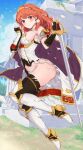  1girl arm_guards armor armored_boots boots breastplate breasts cape celica_(fire_emblem) earrings embarrassed fingerless_gloves fire_emblem fire_emblem_echoes:_shadows_of_valentia gloves jewelry medium_breasts miyazakit navel panties red_armor red_eyes red_hair sideboob sword thighhighs tiara underwear weapon white_armor white_panties 