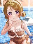  1girl absurdres birthday blush braid breasts brown_hair cleavage collarbone commentary crown_braid highres koizumi_hanayo kyaku_tatsu large_breasts looking_at_viewer love_live! love_live!_school_idol_project one-piece_swimsuit pool purple_eyes short_hair signature solo swimsuit water 
