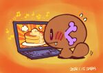  blush commentary commentary_request computer dark_skin dated drooling food highres laptop mixed-language_commentary musical_note orange_background paldean_wooper pancake pokemon pokemon_(creature) saba_hokke screen tail 
