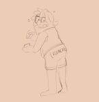 2022 anthro bottomwear bugsnax clothed clothing digital_media_(artwork) eyewear glasses grumpus hair holding_object looking_back male pawpads shaibey shirt shorts sketch smile snorpington_fizzlebean solo tank_top teeth topwear young_horses