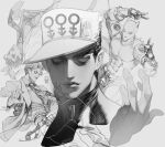  2boys abs absurdres anchor_symbol bow bowtie cropped_head diamond_wa_kudakenai facing_viewer formal greyscale hat highres jacket jojo_no_kimyou_na_bouken kidlu_jiu killer_queen kira_yoshikage kujo_jotaro looking_to_the_side monochrome multiple_boys multiple_views muscular open_clothes open_jacket print_bow print_bowtie skull_print stand_(jojo) 