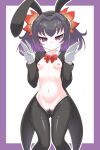  absurdres animal_ears antenna_hair ass_visible_through_thighs border bow bowtie breasts coattails fake_animal_ears flower gloves hair_flower hair_ornament hairband highres long_hair looking_at_viewer meme_attire mole mole_under_eye pubic_hair purple_border purple_eyes purple_hair rabbit_ears reverse_bunnysuit reverse_outfit rnt_(251139) shrug_(clothing) simple_background small_breasts symonne_(tales) tales_of_(series) tales_of_zestiria white_gloves 