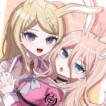  2023 2girls ahoge akamatsu_kaede animal_ears antenna_hair black_choker blonde_hair blue_eyes choker danganronpa_(series) danganronpa_v3:_killing_harmony eyelashes hair_between_eyes hair_ornament holding_hands iruma_miu long_hair looking_at_viewer mikao_(eanv5385) multiple_girls musical_note musical_note_hair_ornament necktie open_mouth pink_background portrait purple_eyes rabbit_ears rabbit_girl red_necktie ringed_eyes school_uniform simple_background smile wavy_hair yuri 